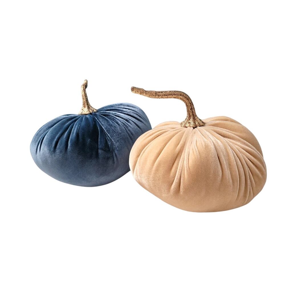 NEW Handmade Velvet Pumpkins Set of 2 Blue Cream Fall Decor 7"